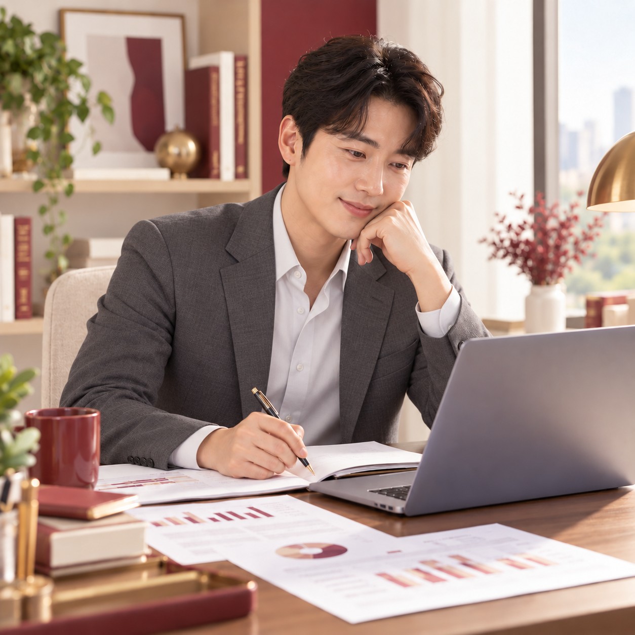 노트북과 경영 자료를 활용해 학습하는 성인 학습자