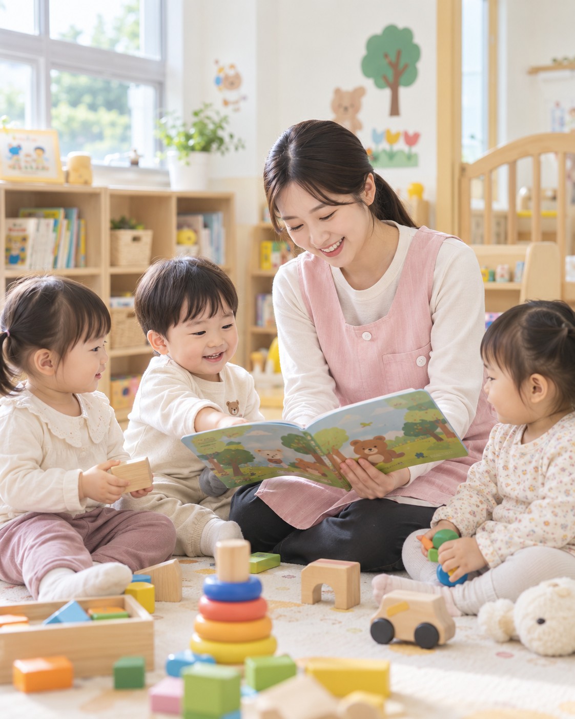 어린이집에서 영유아와 상호작용하며 보육실습을 진행하는 모습